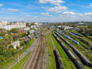 Aerial view of the railway and trains (Kirov, Russia)