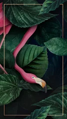 Gordijnen Tropical flamingo on a golden frame © Rawpixel.com