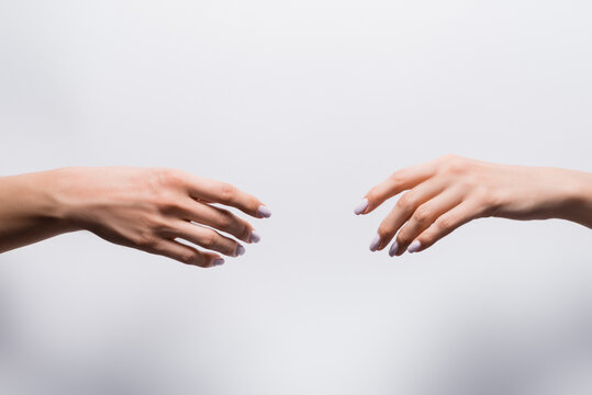 cropped view of female hands on white, stock image