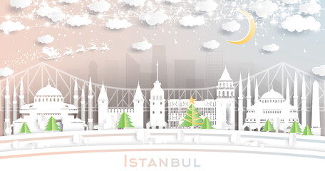 Istanbul Turkey City Skyline in Paper Cut Style with Snowflakes, Moon and Neon Garland.