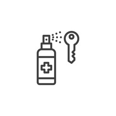 Keys disinfecting line icon. linear style sign for mobile concept and web design. Sanitizer spray and key outline vector icon. Symbol, logo illustration. Vector graphics