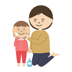 女の子の顔に保湿クリームを塗る女性のイラスト