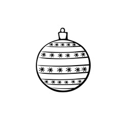 Vector Christmas outline tree ball. Element of New year and xmas design in doodle style, isolated. Simple hand drawn illustration for greeting cards, calendars, prints, childrens coloring book