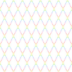 Geometric seamless rainbow rhombus pattern on white background. Abstract diamond vector pattern from dots. Simple vector illustration. Geometric design for fabric, wallpaper, scrapbooking, textile