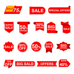 Set of banner elements, discount tag collection, special offer. Modern yellow and red sale website stickers on a gray abstract background, color web page design