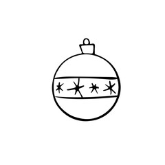Vector Christmas outline tree ball. Element of New year and xmas design in doodle style, isolated. Simple hand drawn illustration for greeting cards, calendars, prints, childrens coloring book