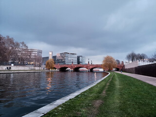 Red brickstone bridge over the river spree in Berlin