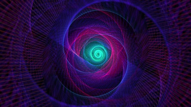 Endless flight through blue pink purple neon lights grid net cyber wire frame tunnel. 4K 3D Loop ready animation of travel digital tunnel.  Wire-Frame futuristic vintage style background VJ clip.