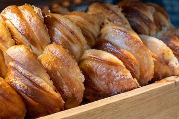 Pies on a basket in a bakery