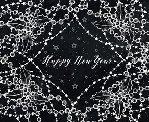 Happy New Year. Vector illustration,garlands, mistletoe, stars, handmade, prints on T-shirts, background chalkboard, card for you