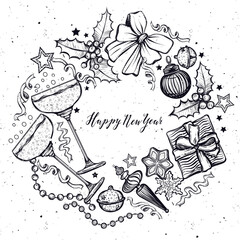 Happy New Year. Vector illustration,wine glasses with champagne, ginger biscuits, gifts,Christmas tree toys, mistletoe, prints on T-shirts, background white, handmade, card for you