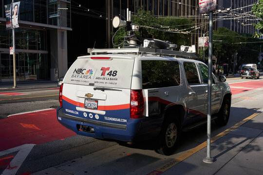 San Francisco, CA, USA - Feb 9, 2020: An NBC Bay Area and Telemundo 48 broadcast vehicle is seen on the streets in San Francisco, California.