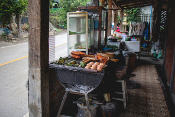 Thai Grilled Eggs Skewer sell in the market in local street Thailand.