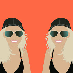 Ilustracja młoda uśmiechnięta kobieta blondynka w ciemnych okularach  stroju kąpielowym i czapeczce na pomarańczowym tle - obrazy, fototapety, plakaty
