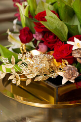 Beautiful malay wedding dowry decorate using red roses and betel leaves