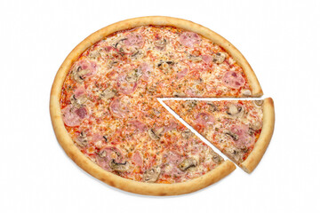 Photo of Italian pizza with mushrooms for use in advertising  pizzeria, restaurant menu. Copy space...