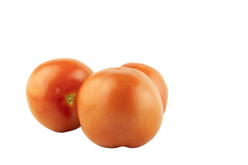 Three fresh tomatoes on a white background or advertising for a supermarket or grocery store