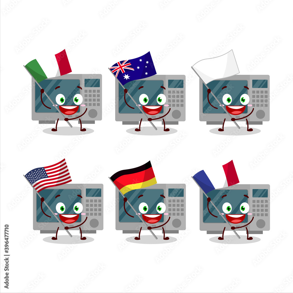 Sticker Oven cartoon character bring the flags of various countries