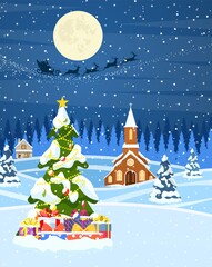 Christmas landscape background with snow and tree. Merry christmas holiday. New year and xmas celebration. Vector illustration in flat style