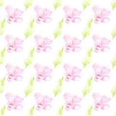 Watercolor floral seamless pattern from flowers and leaves of magnolia. Perfect for printing, web, textile design, various souvenirs, scrapbooking and other creative ideas.