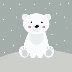 Cute polar bear card. Winter illustration for poster, card, sticker, kid room decor. Cute character white bear. Christmas card with funny sitting bear and snow. Scandinavian poster.