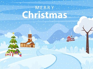 Fototapeta na wymiar Christmas landscape background with snow and tree. Merry christmas holiday. New year and xmas celebration. Vector illustration in flat style