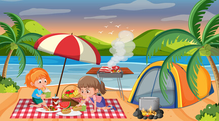 Picnic scene with happy family at the beach
