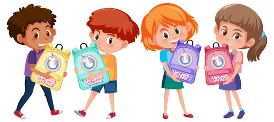 Set of different kids holding cute backpack cartoon character isolated on white background