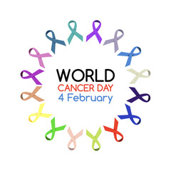 World Cancer Day logo or banner with many ribbons