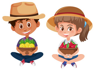 Children cartoon character holding fruit or vegetable isolated on white background