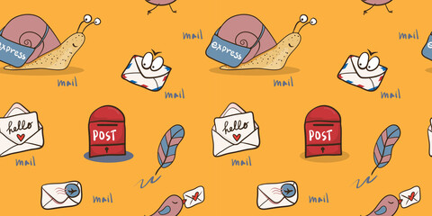 seamless background with snail mail, letters, pen, envelope  with stamp © Deno