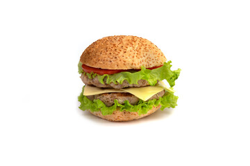 Double burger with cheese, tomato and lettuce on white table against white background