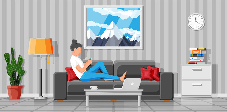 Interior of modern living room. Freelancer on sofa working at home with smartphone. Woman chilling on couch. Hipster character in jeans and t-shirt. Flat vector illustration