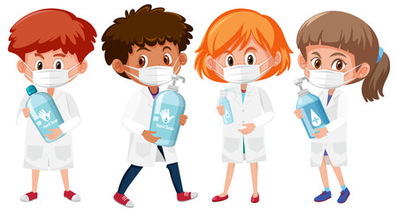 Set of different children in doctor costume holding hand sanitizer product objects isolated on white background