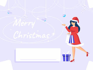 Happy New Year greeting card. Woman holding Christmas gift and blank text next to it. Celebrate the feast. Christmas posters, banners, cover cards, brochures, flyers.