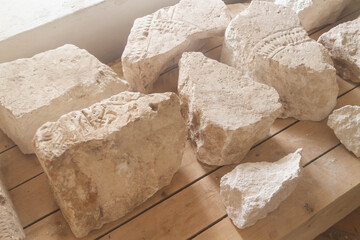 An ancient tombstone with ancient Slavic characters. The burial place of the Russian tsars.