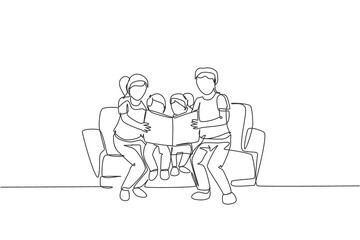 One single line drawing of young happy father and mother siting on sofa to read a story book to their kids together vector illustration. Parenting education concept. Modern continuous line draw design