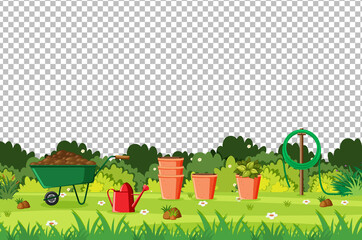 Blank nature garden with garden tools scene landscape on transparent background