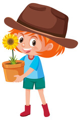 Girl holding flower in pot cartoon character isolated on white background