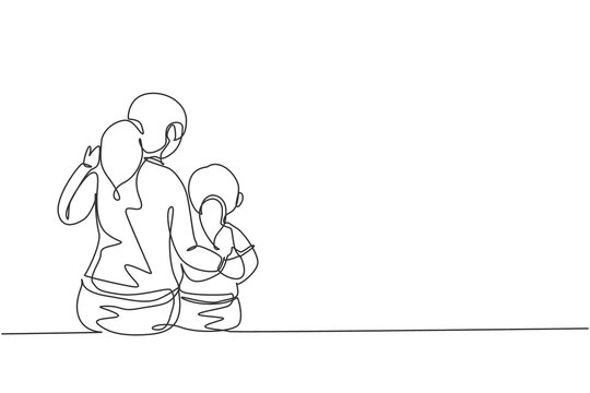 Single continuous line drawing of young mother talking with her daughter about goal and education at home. Happy family parenting concept. Trendy one line draw graphic design vector illustration