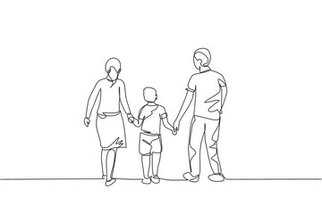 Fototapeta na wymiar One single line drawing of young happy mother and father lead their son walking together, holding his hands graphic vector illustration. Parenting education concept. Modern continuous line draw design