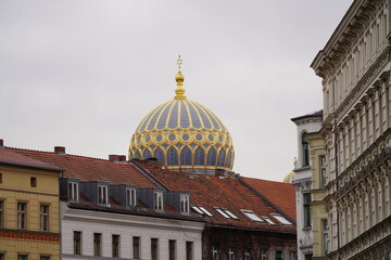 Intricate dome against European rooftops
