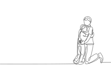 Obraz na płótnie Canvas One single line drawing of young happy daddy hugging his lovely son full of warmth at home vector illustration. Parenting education concept. Modern continuous line graphic draw design