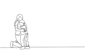 One continuous line drawing of young happy mother hugging her lovely son full of warmth at school. Happy loving parenting family concept. Dynamic single line draw design graphic vector illustration