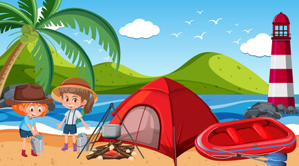 Fototapeta premium Picnic scene with happy family at the beach