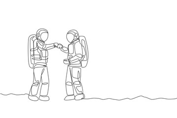 One continuous line drawing of young happy astronaut giving fist bump gesture to his friend in moon surface. Space man deep space concept. Dynamic single line draw design graphic vector illustration © Simple Line