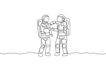One single line drawing of two young astronauts giving fist bump to celebrate success teamwork in moon surface vector illustration. Cosmonaut outer space concept. Modern continuous line draw design