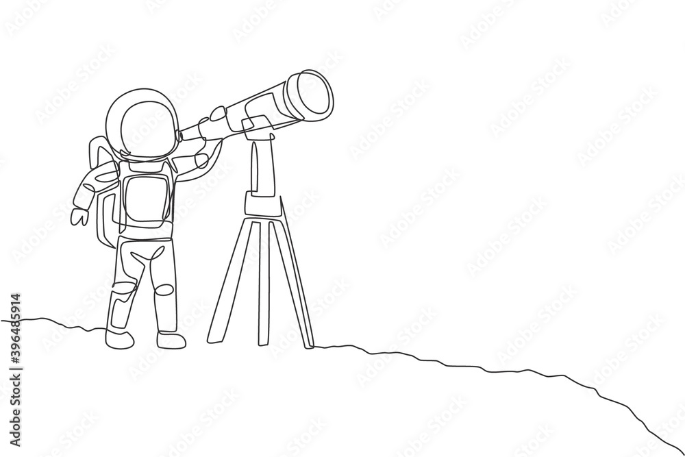 Poster one continuous line drawing of young happy astronaut looking galaxy using telescope in moon surface.