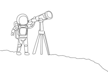 One continuous line drawing of young happy astronaut looking galaxy using telescope in moon surface. Space man deep space concept. Dynamic single line draw design vector graphic illustration - obrazy, fototapety, plakaty