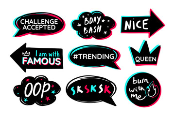 Youth teens party props, cloud, arrow, speech. Modern advertising social media birthday celebration design. Tik icon fashion photo booth. Black blue pink tok sticker white background. Vector graphic.